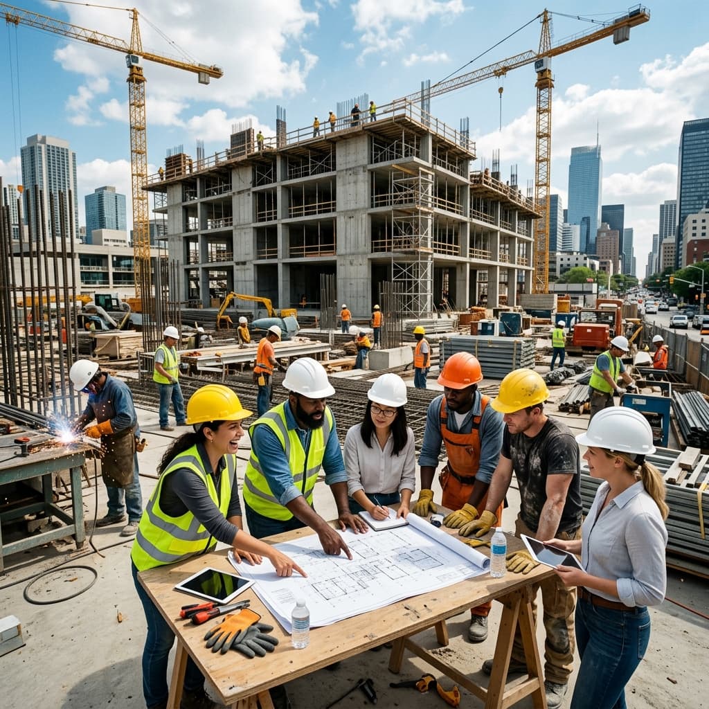 A team of construction workers and engineers reviewing plans on site