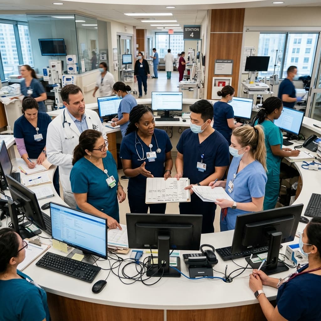 A team of healthcare professionals and nurses working at a hospital station